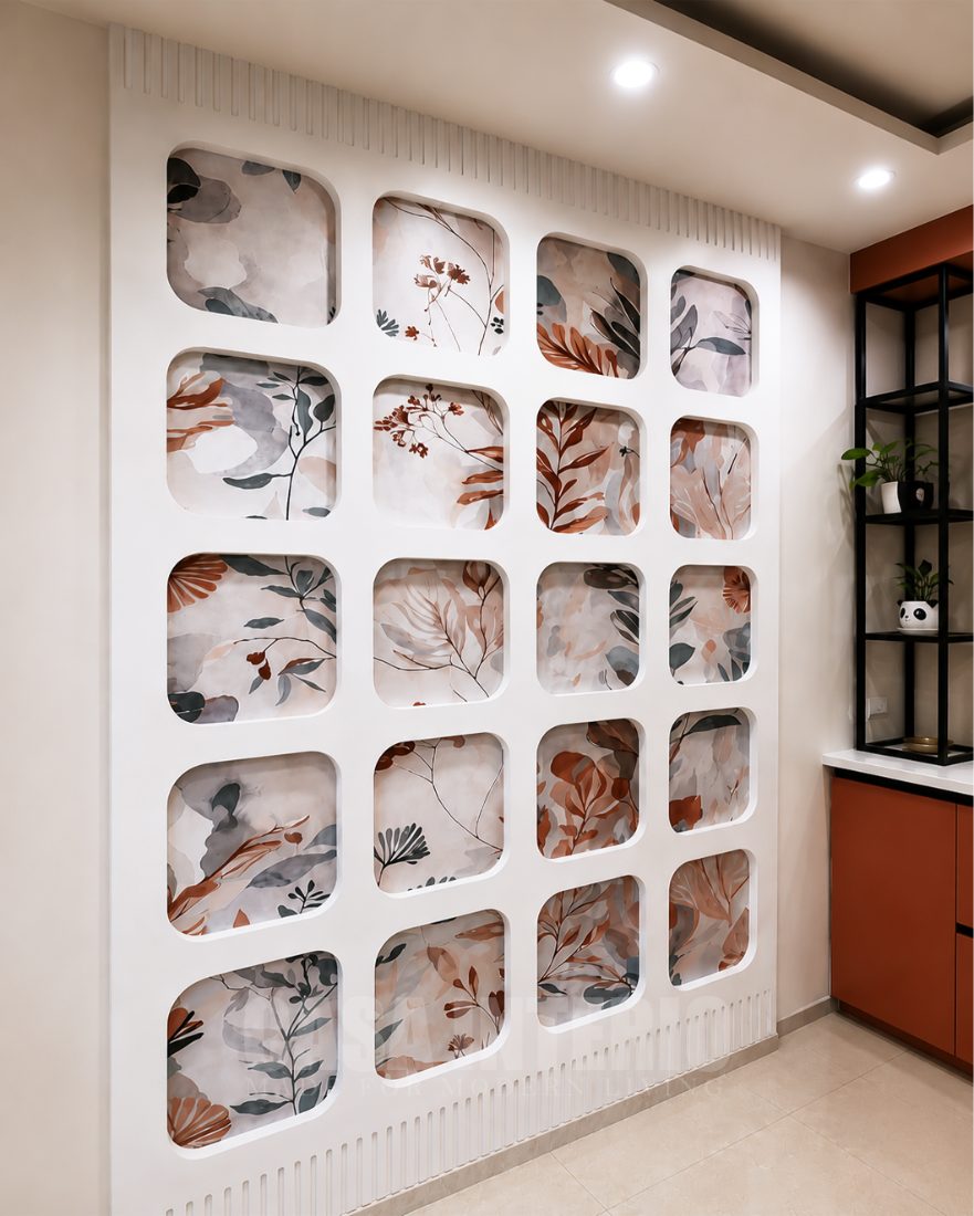 Feature wall of rounded niches with printed botanical panels