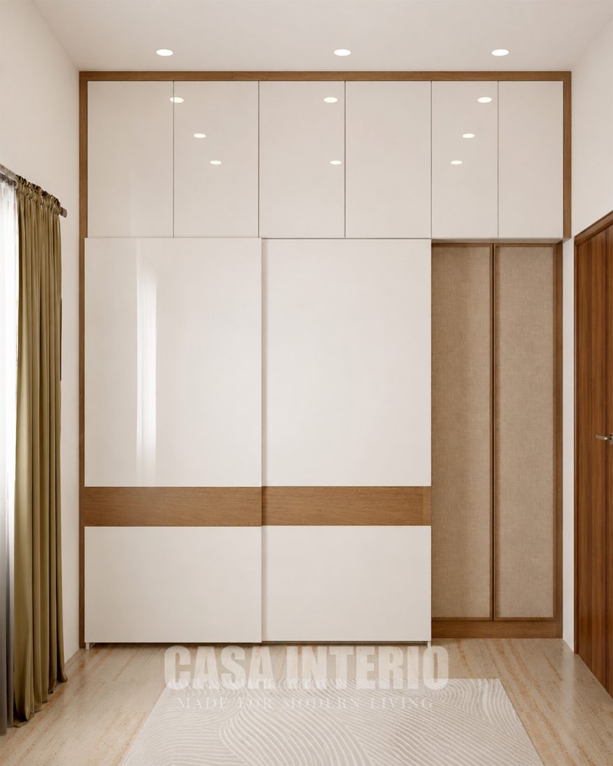 Gloss white wardrobe with an oak band and jute lofts